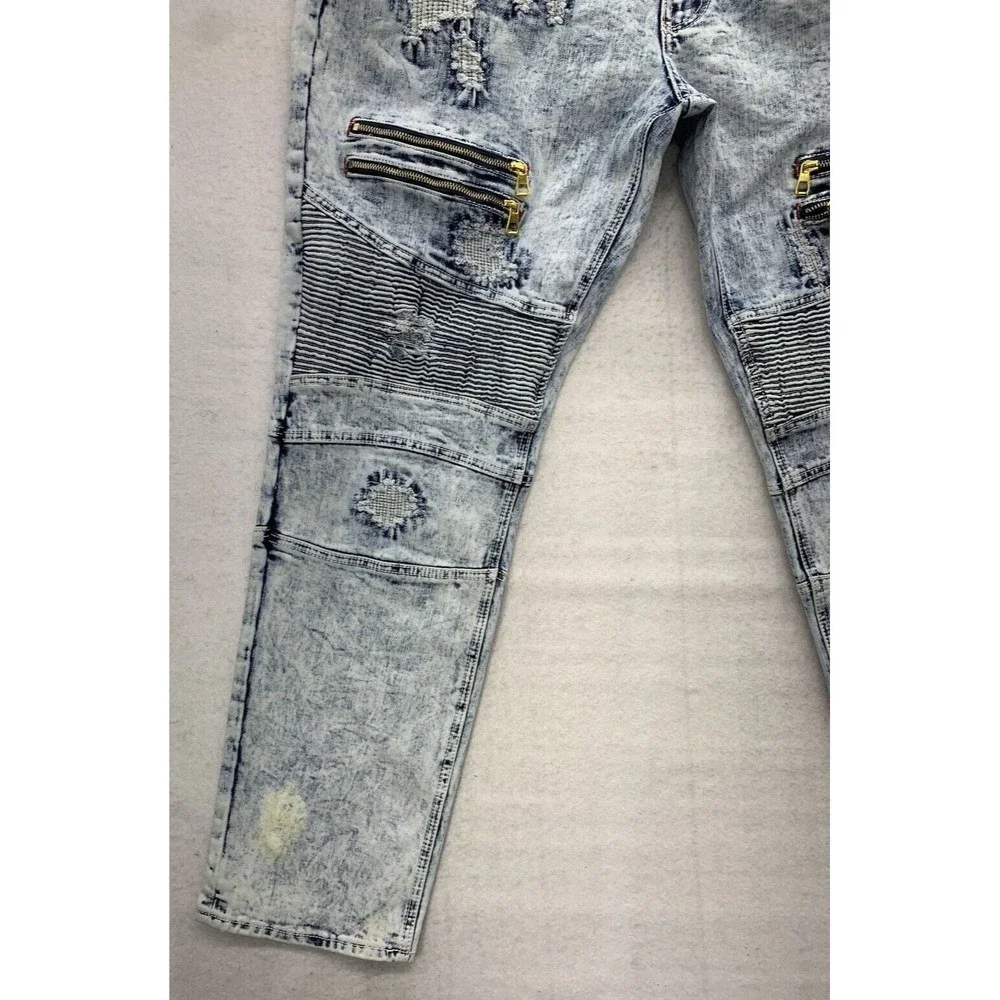 Makobi Denim Jeans Men's 40X32 Stonewash Moto Biker Factory Distressed Destroyed